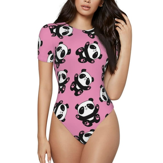 Daiia Cute Panda print Women's Crew Neck Short Sleeve Bodysuit Fashion Tops Fit Casual Basic Extender Bodysuit-Large