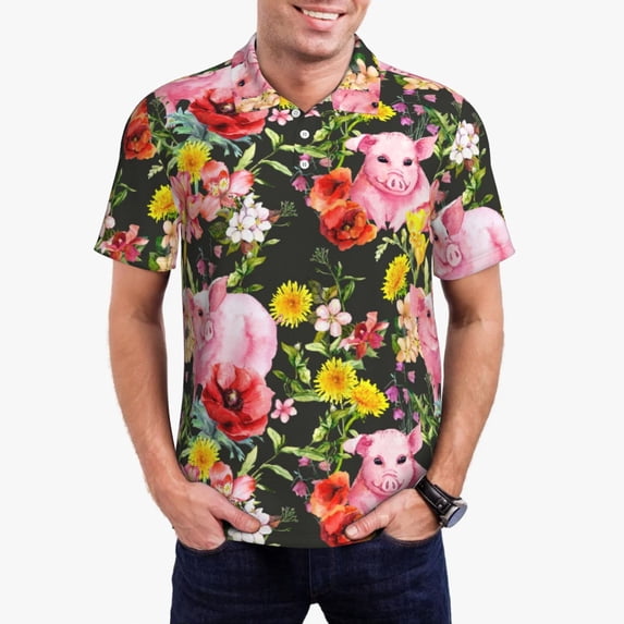 Daiia Cute Pigs Sunflower Pattern Men’s Polo Shirts,Solid Deck Shirt,Classic Fit, Breathable Cotton Polo for Casual and Sport Wear-4X-Large