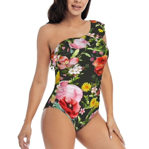 Daiia Cute Pigs Sunflower Women's One Piece Swimsuits Personalized One Shoulder Swimwear Asymmetric Ruffle Bathing Suits-Small