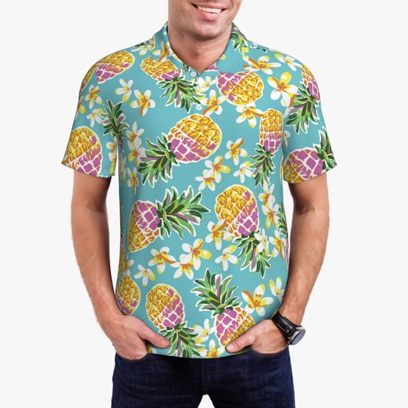 Daiia Cute Pineapples Pattern Men’s Polo Shirts,Solid Deck Shirt,Classic Fit, Breathable Cotton Polo for Casual and Sport Wear-