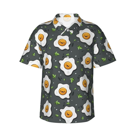 Daiia Cute Poached Eggs Hawaiian Shirt for Men Gentle Cotton Regular Short Sleeve Casual-Small