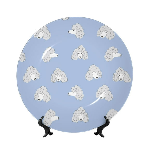 Daiia Cute Poodle Dog Printed Pattern Ceramic Plate Dinner Plates Bone China Decorative Plates with Display Stand Art Ceramic Ornaments for Wall Hanging Decoration-10in