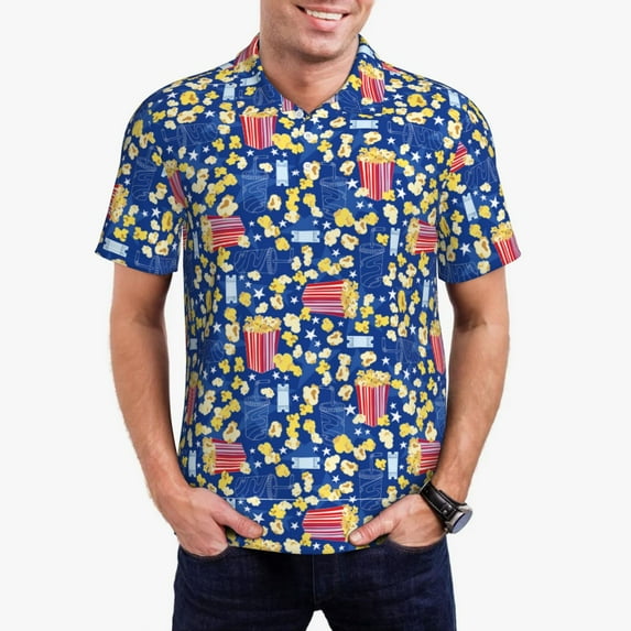 Daiia Cute Popcorn Pattern Men’s Polo Shirts,Solid Deck Shirt,Classic Fit, Breathable Cotton Polo for Casual and Sport Wear-