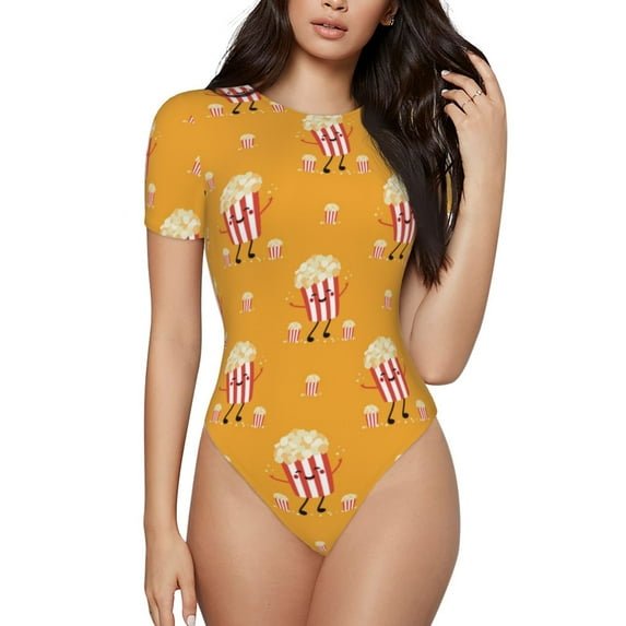 Daiia Cute Popcorn print Women's Crew Neck Short Sleeve Bodysuit Fashion Tops Fit Casual Basic Extender Bodysuit-Medium