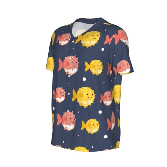 Daiia Cute Puffer Fish Mens Baseball Jersey Button Down Shirts Short Sleeve Sports Uniforms-Medium