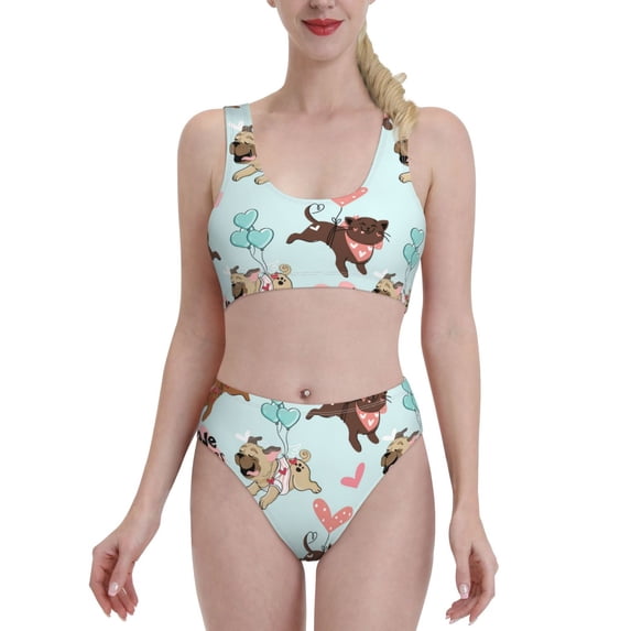 Daiia Cute Pug Dogs printed 2 piece Swimsuit Bikinis for Women High Waisted Racerback Bathing Suits Summer Tummy Control Scoop Neck Swimwear-X-Large