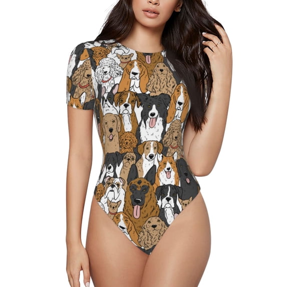 Daiia Cute Puppy print Women's Crew Neck Short Sleeve Bodysuit Fashion Tops Fit Casual Basic Extender Bodysuit-Medium