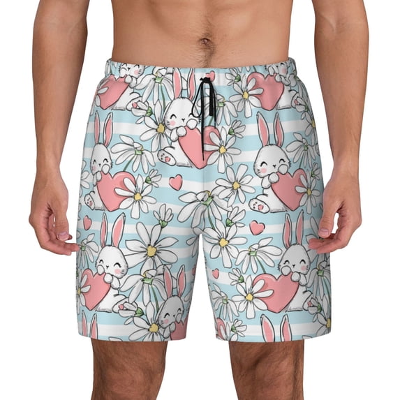 Daiia Cute Rabbit And Heart Mens Swim Trunks Swim Shorts Quick Dry Swim Shorts with Mesh Lining Pockets-Large