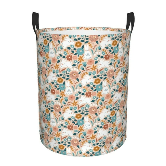 Daiia Cute Rabbit Floral Round Laundry Basket with Handles Thickened Waterproof Circular hamper,Dirty Clothes Storage Basket for Bedroom,Bathroom,College Dorm-Small