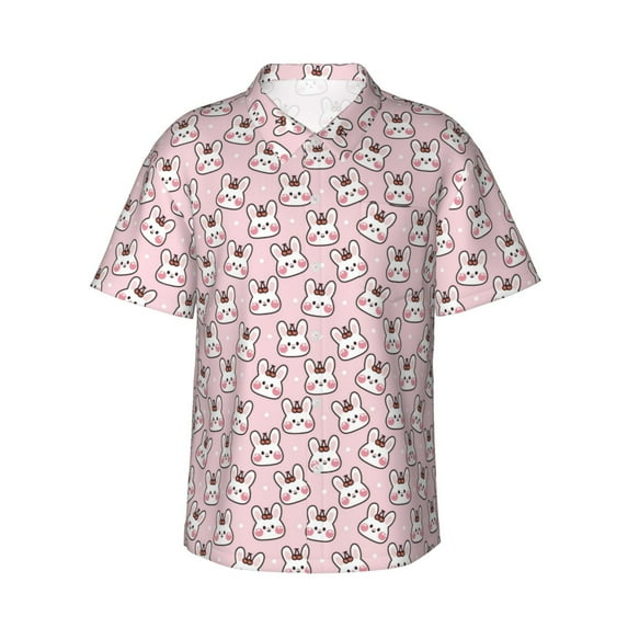 Daiia Cute Rabbit Hawaiian Shirt for Men Gentle Cotton Regular Short Sleeve Casual-Small