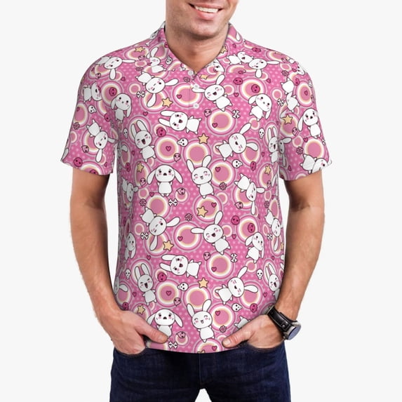 Daiia Cute Rabbit Pattern Men’s Polo Shirts,Solid Deck Shirt,Classic Fit, Breathable Cotton Polo for Casual and Sport Wear-3X-Large