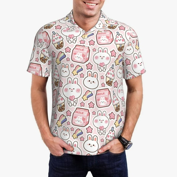 Daiia Cute Rabbit Pattern Men’s Polo Shirts,Solid Deck Shirt,Classic Fit, Breathable Cotton Polo for Casual and Sport Wear-3X-Large