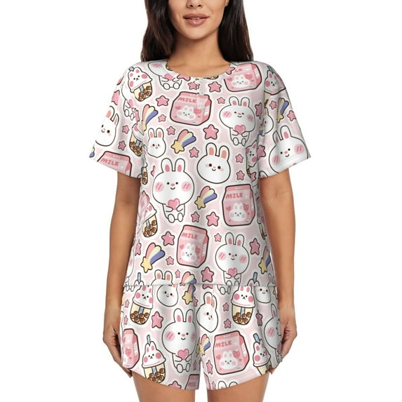 Daiia Cute Rabbit Pattern Womens Pajama Sets Short Sleeve Pajamas for Women Sets Soft Lounge Sets Casual Round Neck Sleepwear PJS-Medium
