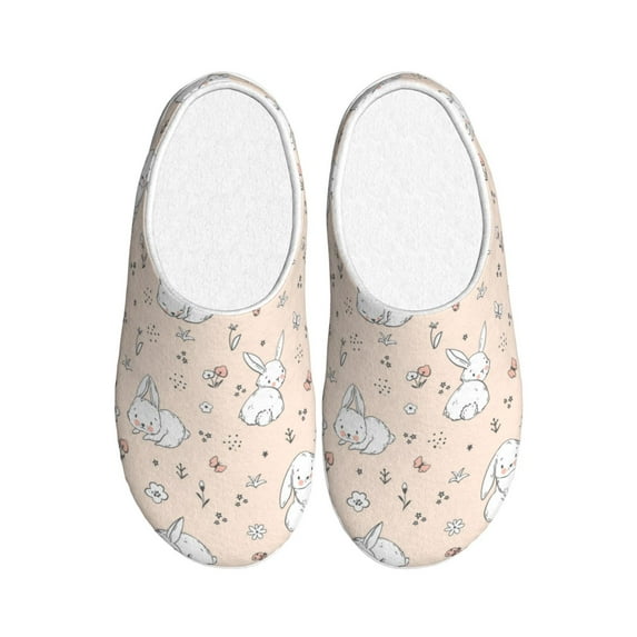 Daiia Cute Rabbit Print Women’s Fuzzy Slippers Memory Foam Lightweight House Shoes Cozy Loafer Flannel House Shoes-35/36