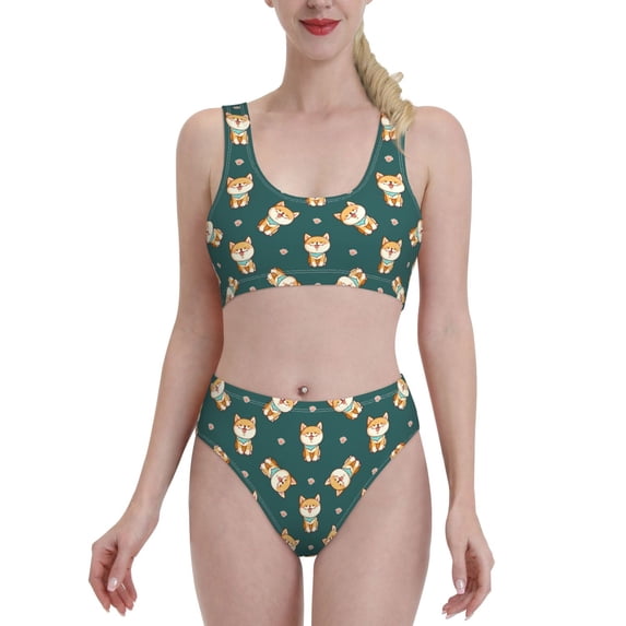 Daiia Cute Shiba printed 2 piece Swimsuit Bikinis for Women High Waisted Racerback Bathing Suits Summer Tummy Control Scoop Neck Swimwear-X-Large