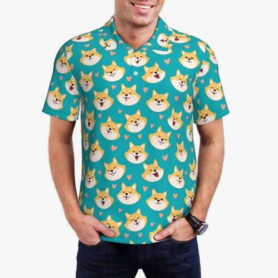 Daiia Cute Shiba1 Pattern Men’s Polo Shirts,Solid Deck Shirt,Classic Fit, Breathable Cotton Polo for Casual and Sport Wear-X-Large