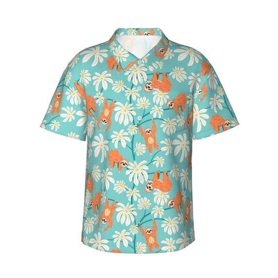 Daiia Cute Sloth on Floral Tree Hawaiian Shirt for Men Gentle Cotton Regular Short Sleeve Casual-X-Large