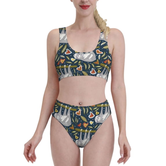 Daiia Cute Sloth printed 2 piece Swimsuit Bikinis for Women High Waisted Racerback Bathing Suits Summer Tummy Control Scoop Neck Swimwear-XX-Large