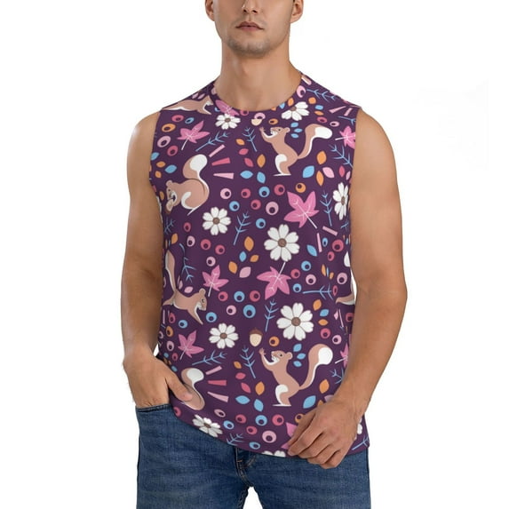 Daiia Cute Squirrel Floral Printed Men's Tank Tops,Casual Soft Sleeveless Gym Muscle Shirts Bodybuilding Tee-XX-Large