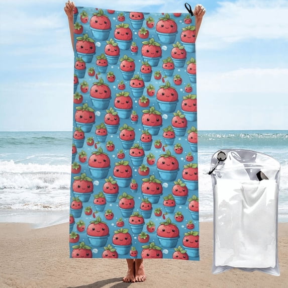 Daiia Cute Strawberry Flower Pot Pattern Quick Dry Towel, Super Absorbent Travel Towel with Hanging Loop & Carabiner, Lightweight Compact Fast-Drying Microfiber Towel-