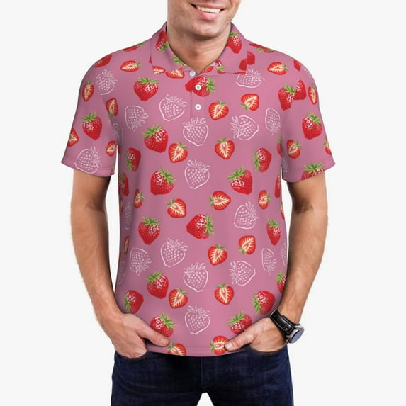 Daiia Cute Strawberry Pattern Men’s Polo Shirts,Solid Deck Shirt,Classic Fit, Breathable Cotton Polo for Casual and Sport Wear-3X-Large