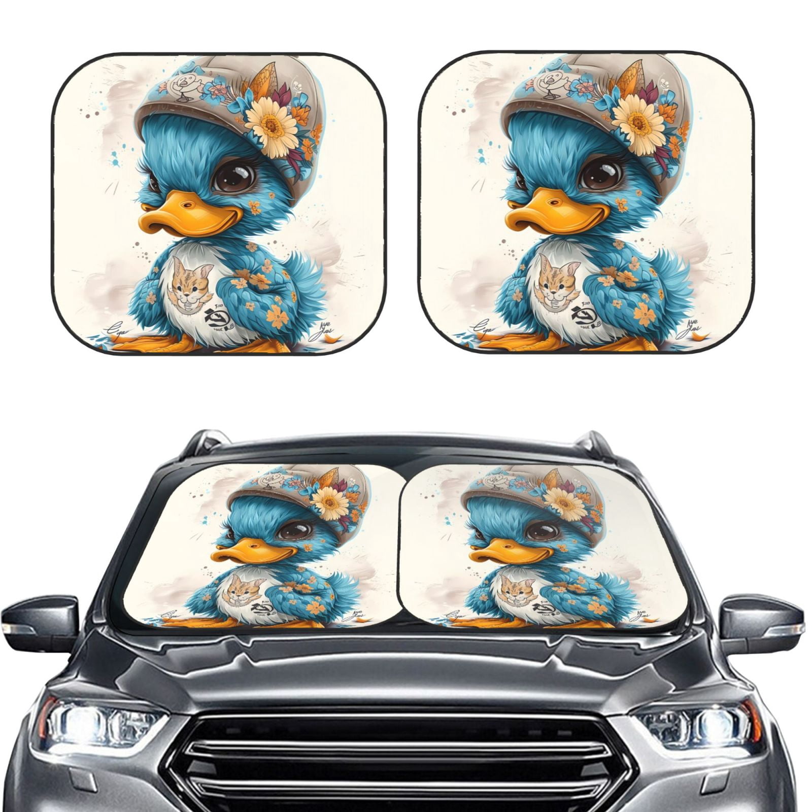 Daiia Cute Sunflower Blue Duck 2PCS Car Windshield Sun Shade, Foldable ...