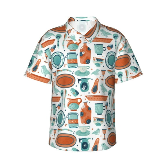 Daiia Cute Tableware Hawaiian Shirt for Men Gentle Cotton Regular Short Sleeve Casual-Medium