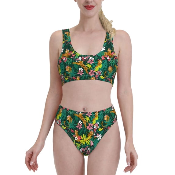 Daiia Cute Tribal Leopards printed 2 piece Swimsuit Bikinis for Women High Waisted Racerback Bathing Suits Summer Tummy Control Scoop Neck Swimwear-Medium