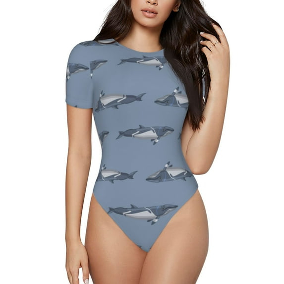 Daiia Cute Whale print Women's Crew Neck Short Sleeve Bodysuit Fashion Tops Fit Casual Basic Extender Bodysuit-XX-Large