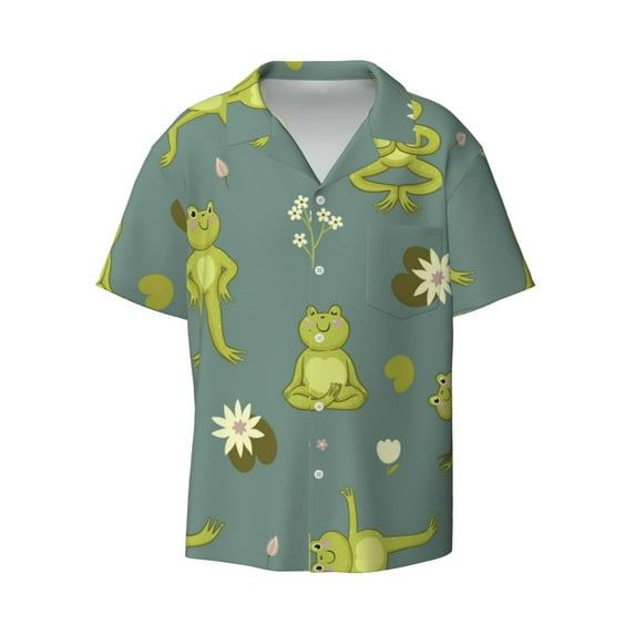 Daiia Cute Yoga Frogs Men's Linen Shirts Short Sleeve Casual Shirts Button Down Shirt for Men Beach Summer Wedding Shirt-Medium