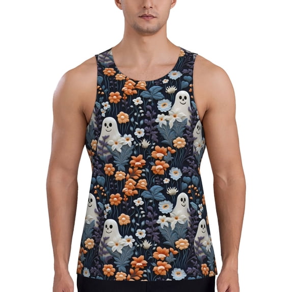 Daiia Cute ghost in the flowers Printed Men's Quick Dry Fit Muscle Tank Top Slim-Fit Tank Workout Tank Top Lightweight Sports Tank Top-4X-Large