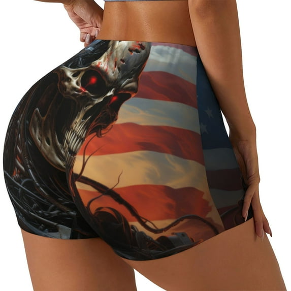 Daiia Cyberpunk Skull American Flag Pattern Women's Workout Shorts Biker Shorts - High Waisted Workout Spandex Tummy Control Gym Running Yoga Shorts-Medium