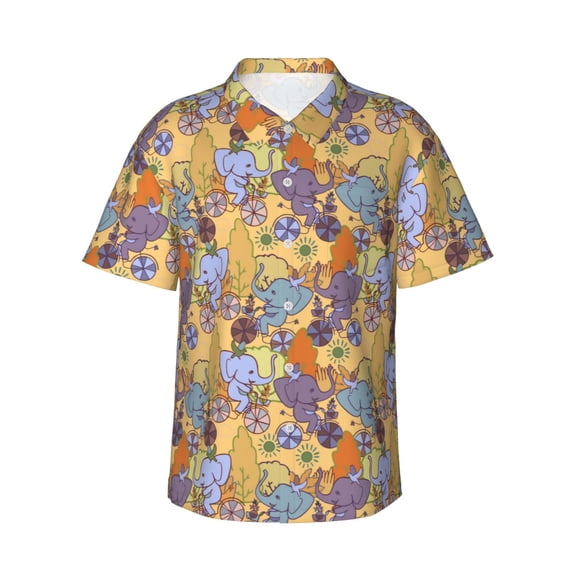 Daiia Cycling Elephant On Bicycle In Park Hawaiian Shirt for Men Gentle Cotton Regular Short Sleeve Casual-X-Large