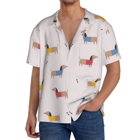 Daiia Dachshund Dog Puppy Men's Linen Shirts Short Sleeve Casual Shirts Button Down Shirt for Men Beach Summer Wedding Shirt-3X-Large