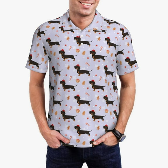 Daiia Dachshund Dog Puppy Pattern Men’s Polo Shirts,Solid Deck Shirt,Classic Fit, Breathable Cotton Polo for Casual and Sport Wear-X-Large