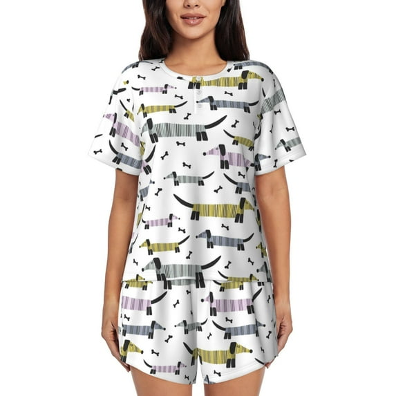 Daiia Dachshund Dog Puppy Pattern Womens Pajama Sets Short Sleeve Pajamas for Women Sets Soft Lounge Sets Casual Round Neck Sleepwear PJS-Small