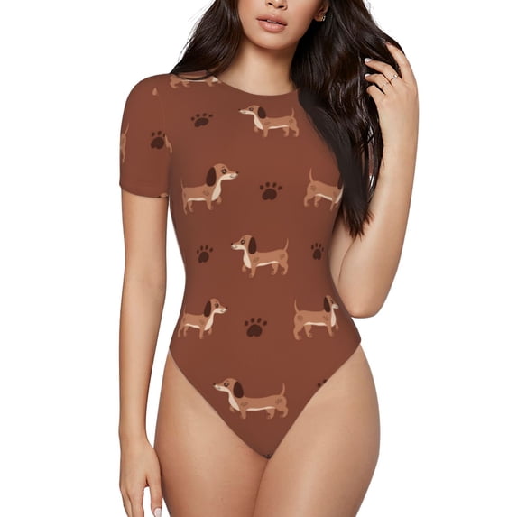 Daiia Dachshund Dog Puppy print Women's Crew Neck Short Sleeve Bodysuit Fashion Tops Fit Casual Basic Extender Bodysuit-