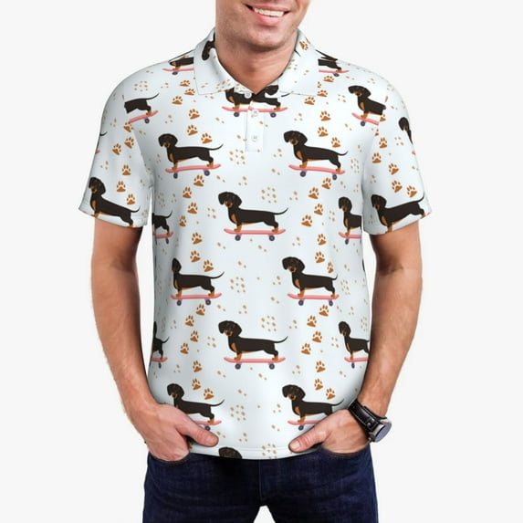 Daiia Dachshund On A Skateboard Pattern Men’s Polo Shirts,Solid Deck Shirt,Classic Fit, Breathable Cotton Polo for Casual and Sport Wear-4X-Large