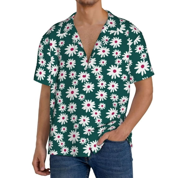 Daiia Daisies Flowers Men's Linen Shirts Short Sleeve Casual Shirts Button Down Shirt for Men Beach Summer Wedding Shirt-XX-Large
