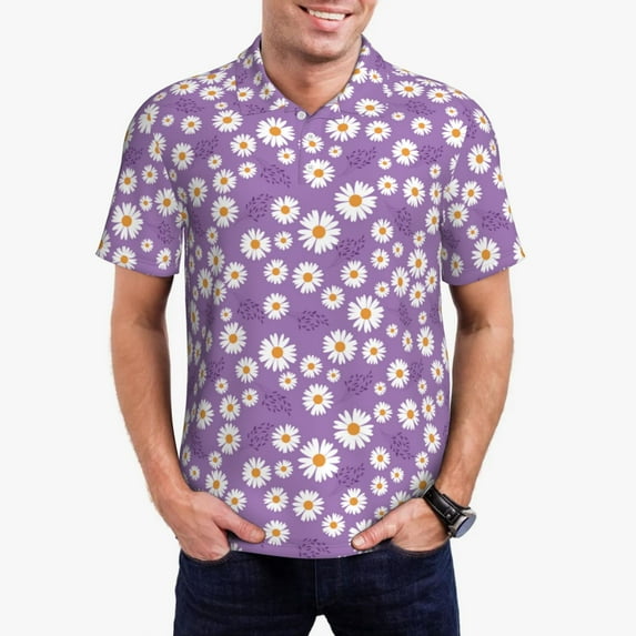 Daiia Daisies Flowers Pattern Men’s Polo Shirts,Solid Deck Shirt,Classic Fit, Breathable Cotton Polo for Casual and Sport Wear-3X-Large