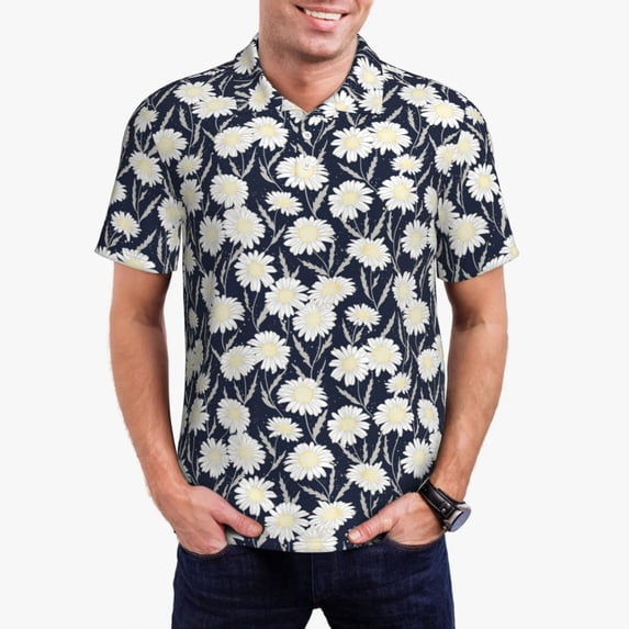 Daiia Daisies Flowers Pattern Men’s Polo Shirts,Solid Deck Shirt,Classic Fit, Breathable Cotton Polo for Casual and Sport Wear-3X-Large