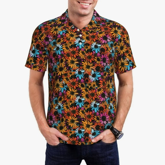 Daiia Daisies Flowers Pattern Men’s Polo Shirts,Solid Deck Shirt,Classic Fit, Breathable Cotton Polo for Casual and Sport Wear-3X-Large