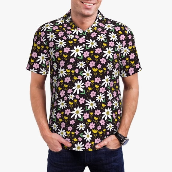 Daiia Daisies Flowers Pattern Men’s Polo Shirts,Solid Deck Shirt,Classic Fit, Breathable Cotton Polo for Casual and Sport Wear-Medium