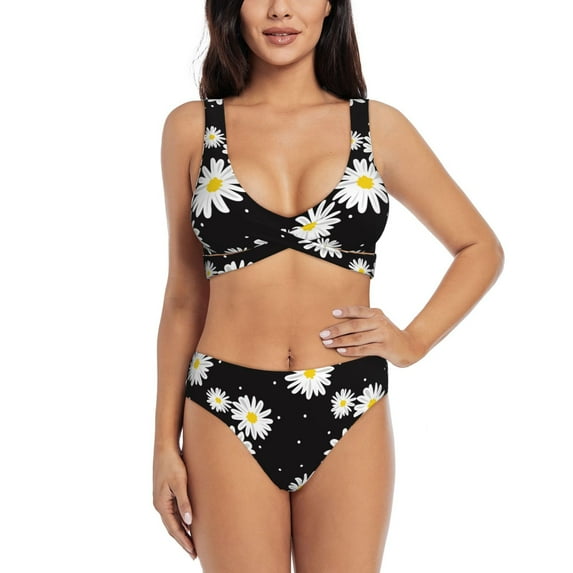 Daiia Daisies Flowers Women's Bikini Set Two Piece Swimsuit High Waisted Bikini Adjustable Straps Bikini Perfect for Beach, Pool, and Summer Vacation-Small