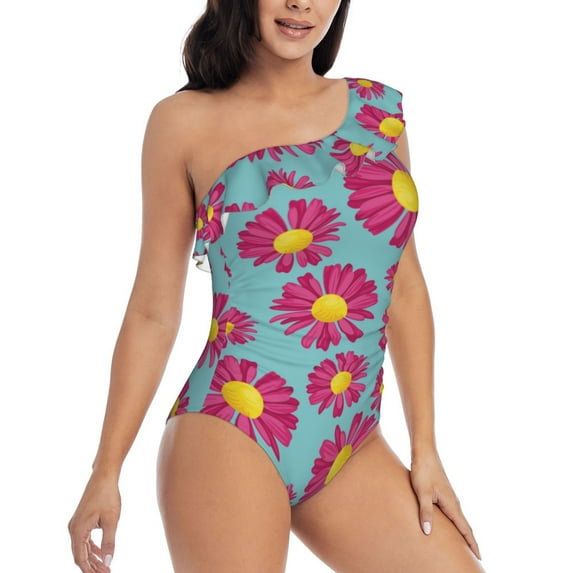 Daiia Daisies Flowers Women's One Piece Swimsuits Personalized One Shoulder Swimwear Asymmetric Ruffle Bathing Suits-X-Large