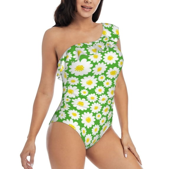Daiia Daisies Flowers Women's One Piece Swimsuits Personalized One Shoulder Swimwear Asymmetric Ruffle Bathing Suits-XX-Large