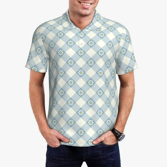 Daiia Daisy Plaid Blue Pattern Men’s Polo Shirts,Solid Deck Shirt,Classic Fit, Breathable Cotton Polo for Casual and Sport Wear-XX-Large