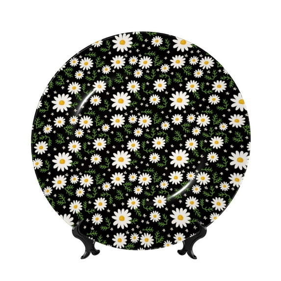 Daiia Daisy Printed Pattern Ceramic Plate Dinner Plates Bone China Decorative Plates with Display Stand Art Ceramic Ornaments for Wall Hanging Decoration-10in