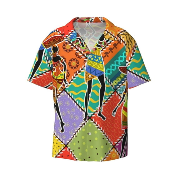 Daiia Dancing African Womans Men's Linen Shirts Short Sleeve Casual Shirts Button Down Shirt for Men Beach Summer Wedding Shirt-Large