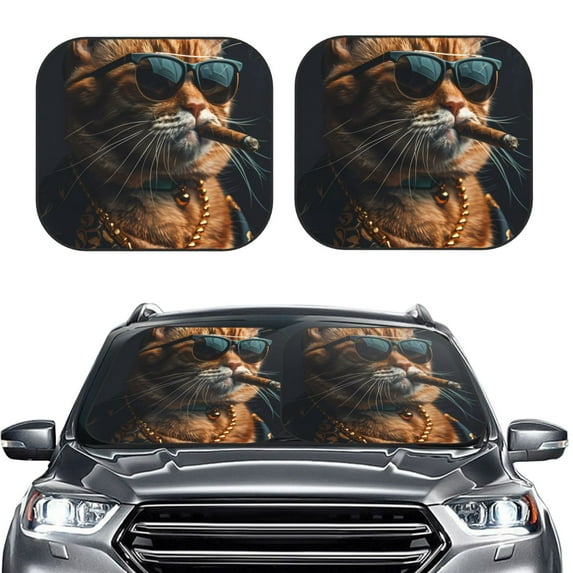 Daiia Dapper Cat in Sunglasses 2PCS Car Windshield Sun Shade, Foldable Sun Shield for Car Front Window, Auto Sun Blocker Visor Protector Universal for Truck SUV Pickup-Large
